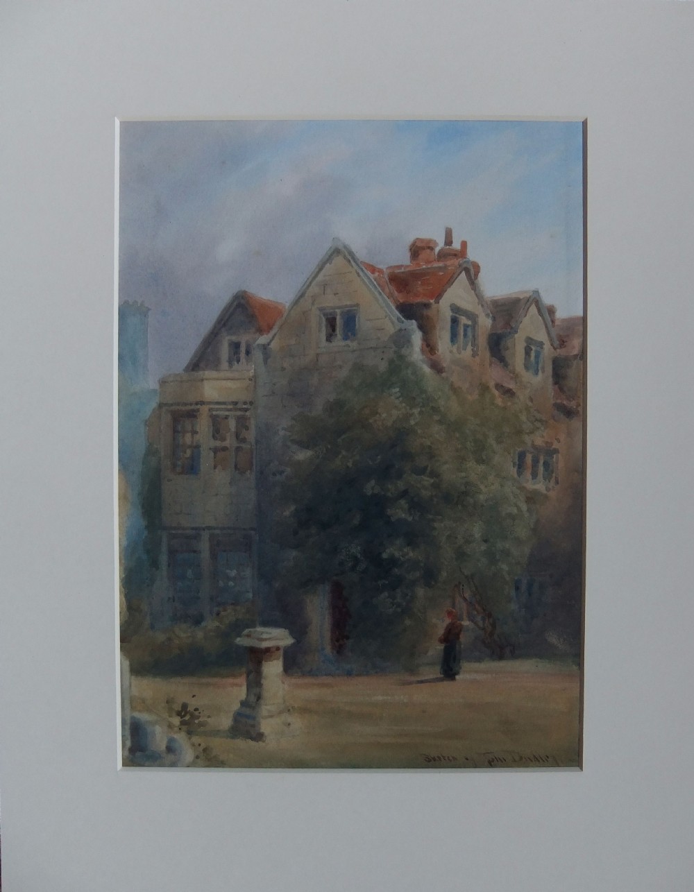 A watercolour painting by Tom Dudley depicting the stone facade and gables of The Kings Manor in York under a soft blue sky. View II