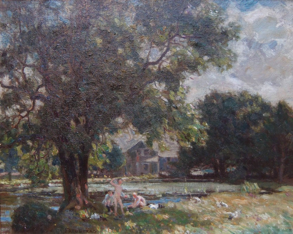 An impressionist oil painting depicting figures bathing beside a river under the shadow of a large canopy tree.