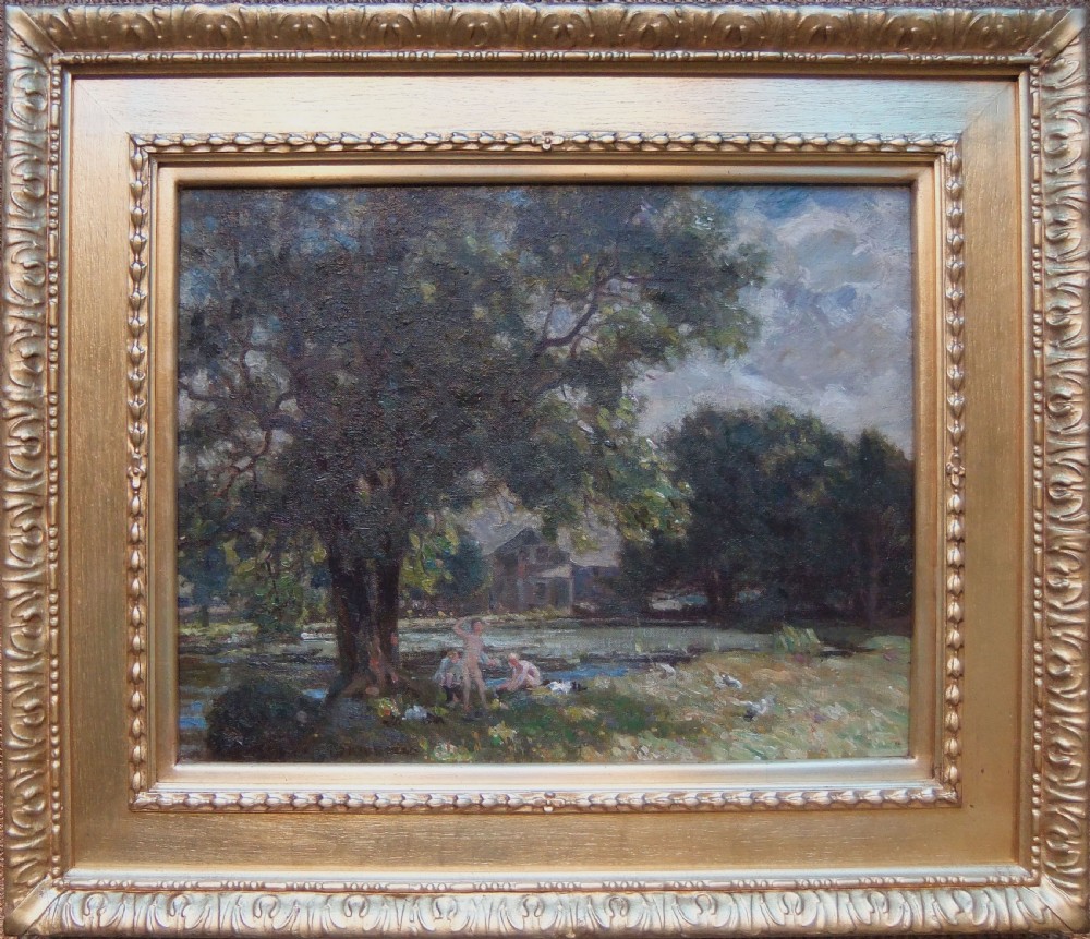 An impressionist oil painting depicting figures bathing beside a river under the shadow of a large canopy tree. View III