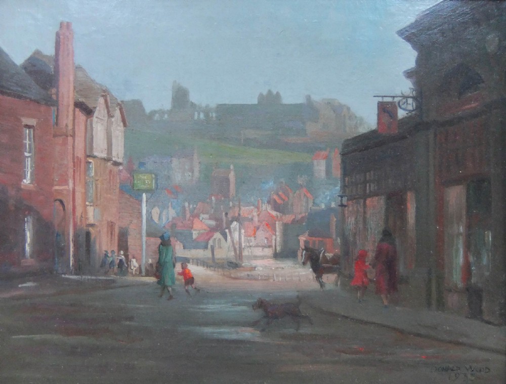 An oil painting depicting a misty street scene in Whitby, Yorkshire, with figures, buildings, and Whitby Abbey visible on the hill.