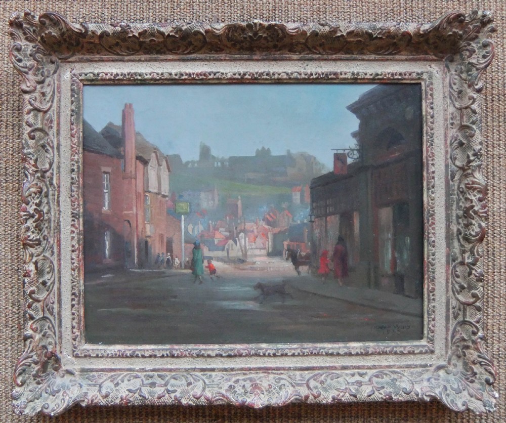 An oil painting depicting a misty street scene in Whitby, Yorkshire, with figures, buildings, and Whitby Abbey visible on the hill. View II