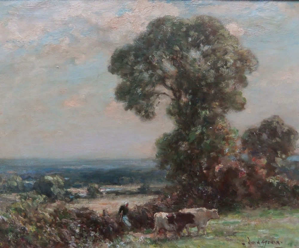 An impressionistic oil painting depicting an expansive rural landscape with a large central tree, rolling fields under a hazy sky, and a figure with cattle in the foreground.