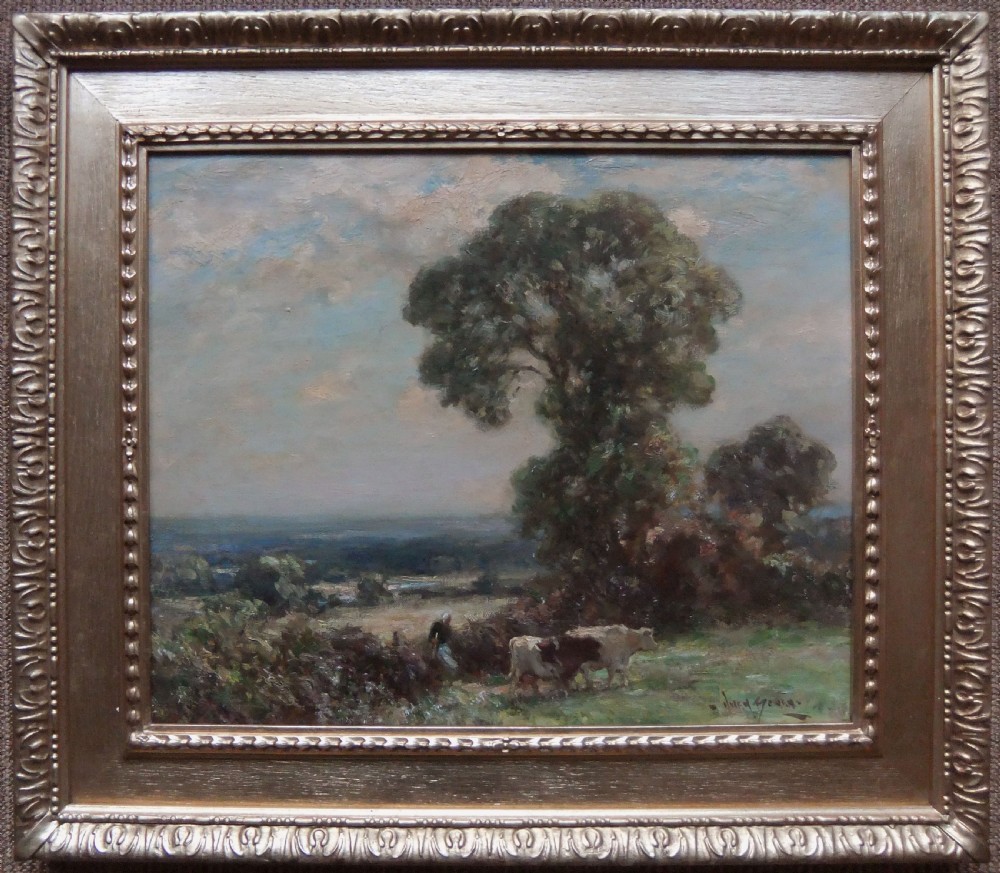 An impressionistic oil painting depicting an expansive rural landscape with a large central tree, rolling fields under a hazy sky, and a figure with cattle in the foreground. View II
