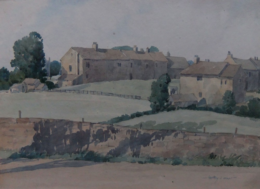 A watercolour painting depicting stone village buildings, a low stone wall, and grassy fields under a overcast sky in Aberford, Yorkshire.