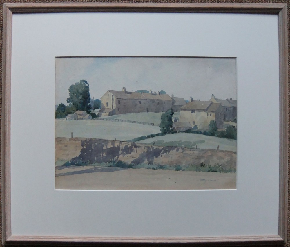 A watercolour painting depicting stone village buildings, a low stone wall, and grassy fields under a overcast sky in Aberford, Yorkshire. View II