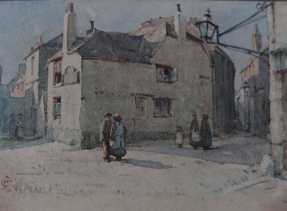 A watercolour painting depicting a historic street scene in St Ives, Cornwall, featuring figures gathered outside stone buildings beneath a street lamp.