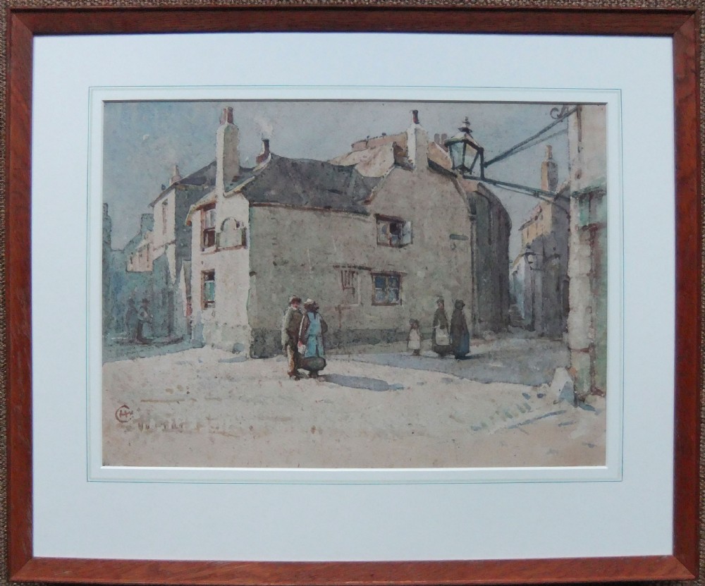 A watercolour painting depicting a historic street scene in St Ives, Cornwall, featuring figures gathered outside stone buildings beneath a street lamp. View II