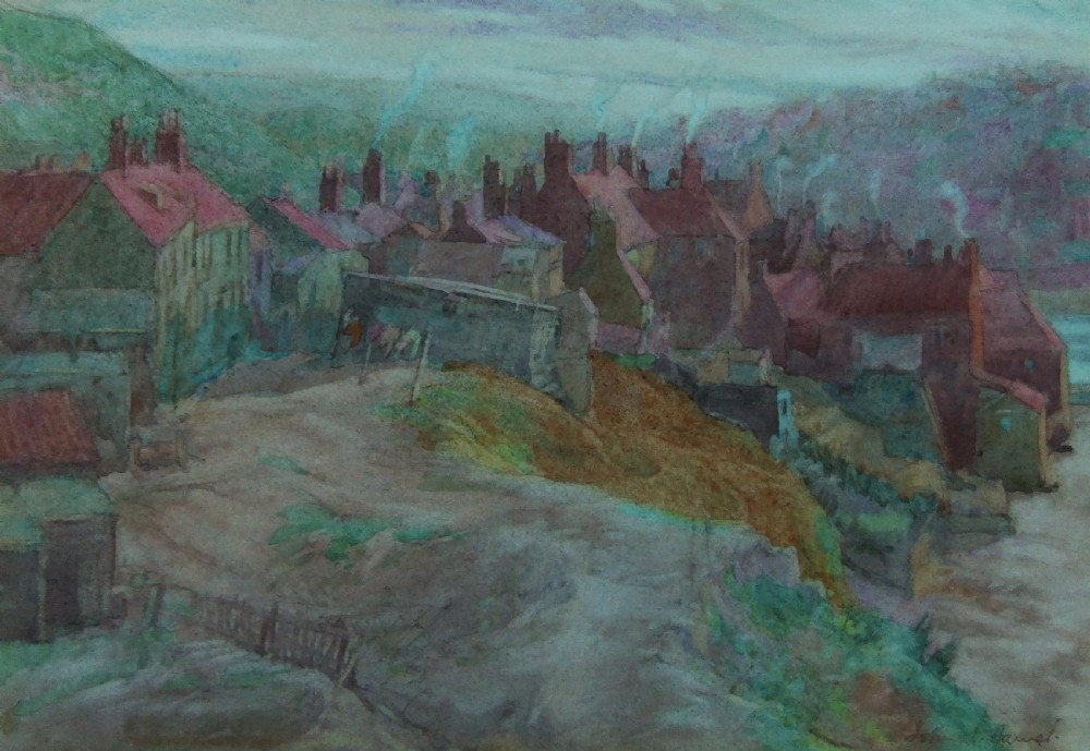 A watercolour painting depicting a high-angle view of closely packed roofs, chimneys, and hillside buildings in Whitby rendered in muted green, purple, and terracotta tones.