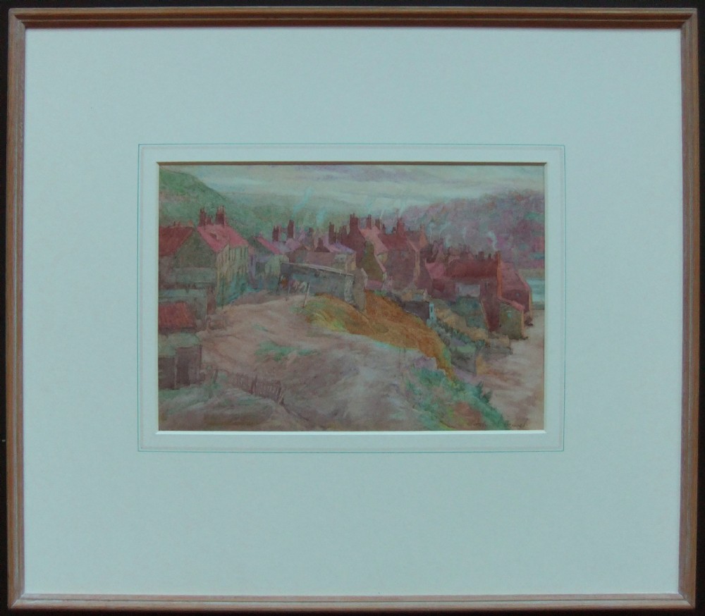 A watercolour painting depicting a high-angle view of closely packed roofs, chimneys, and hillside buildings in Whitby rendered in muted green, purple, and terracotta tones. View II