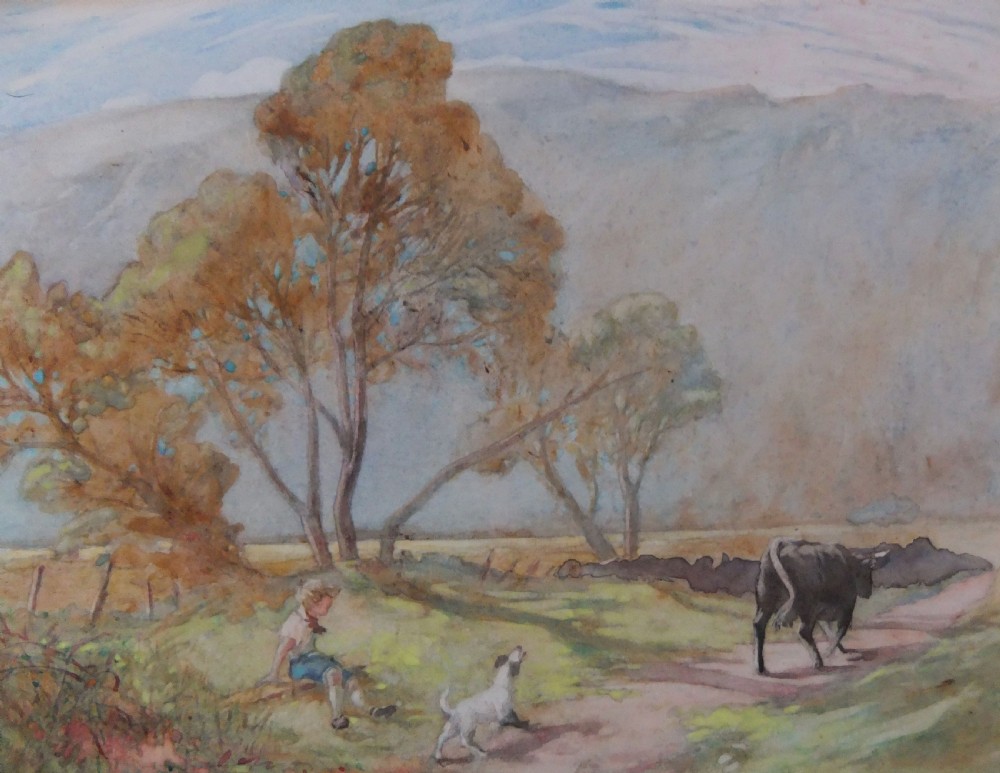 A watercolour painting depicting a seated figure and dog along a path in the Dysynni Valley, framed by trees and hills under a pale sky.