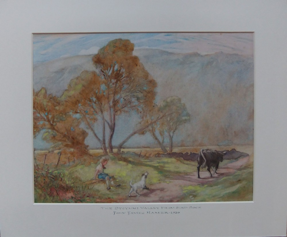 A watercolour painting depicting a seated figure and dog along a path in the Dysynni Valley, framed by trees and hills under a pale sky. View II