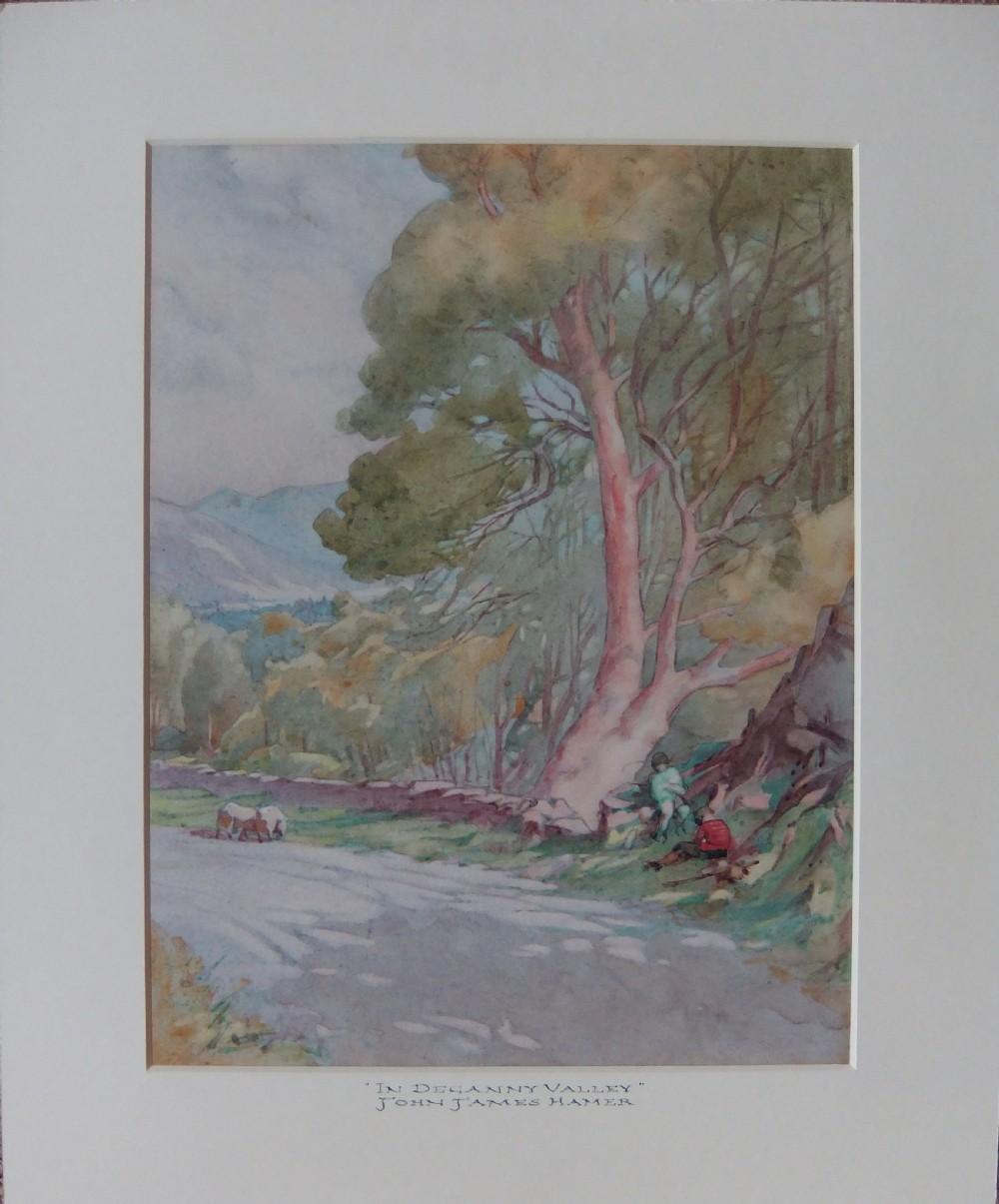 A watercolour landscape painting depicting a tree-lined road in a Welsh valley with figures seated under a large tree. View II