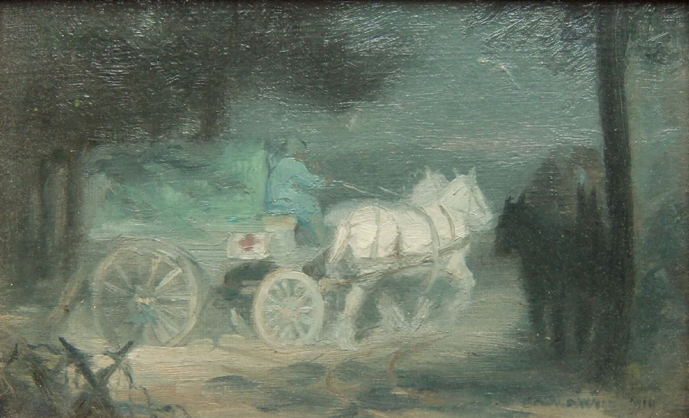 An oil painting on board depicting a horse-drawn military supply wagon with a Red Cross symbol travelling through a dark landscape at night.
