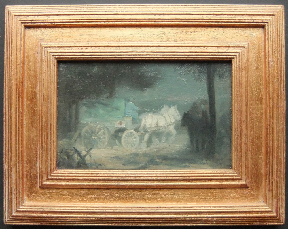 An oil painting on board depicting a horse-drawn military supply wagon with a Red Cross symbol travelling through a dark landscape at night. View II