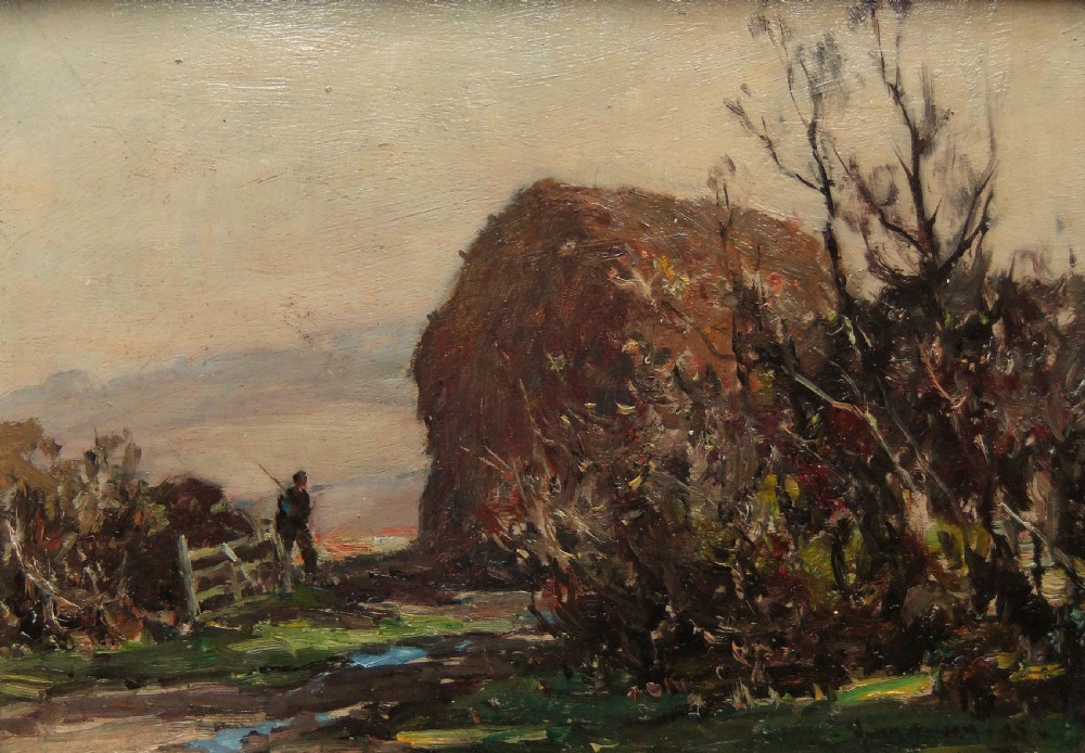 An antique oil painting depicting an autumnal rural landscape with a figure standing near a fence beside a large haystack under a muted sky.
