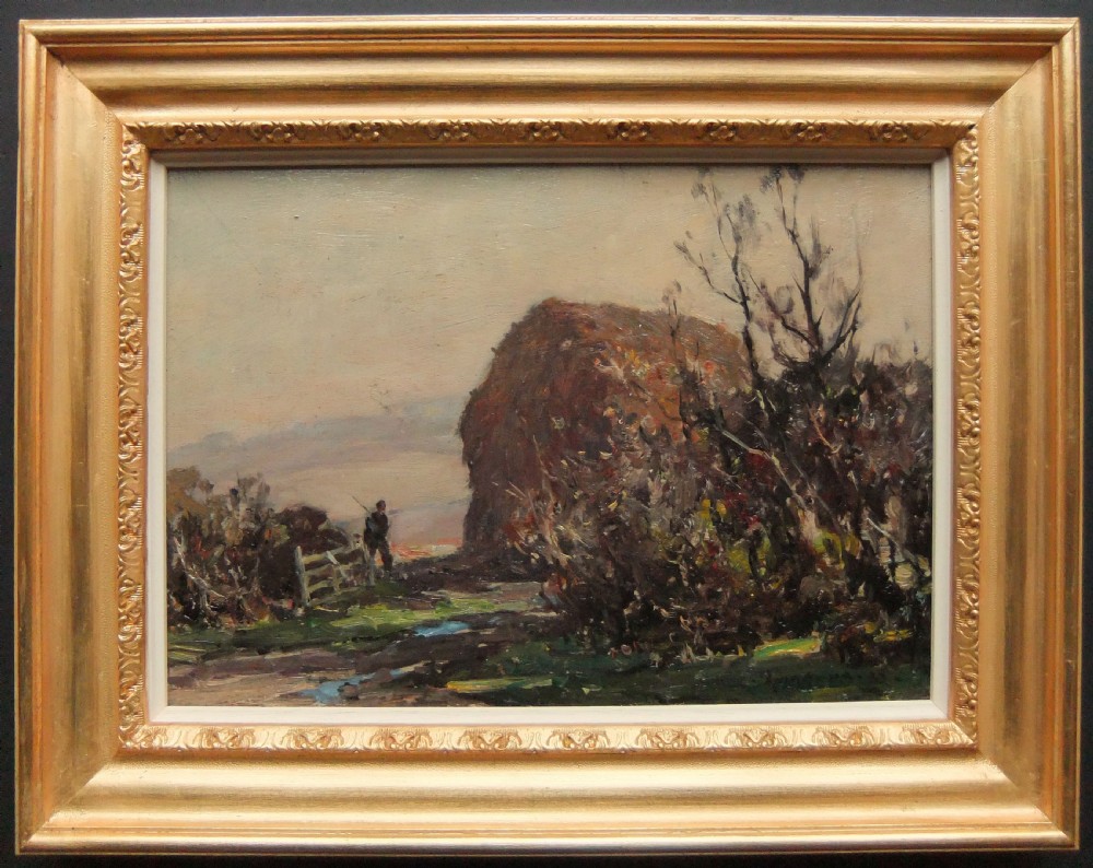 An antique oil painting depicting an autumnal rural landscape with a figure standing near a fence beside a large haystack under a muted sky. View II