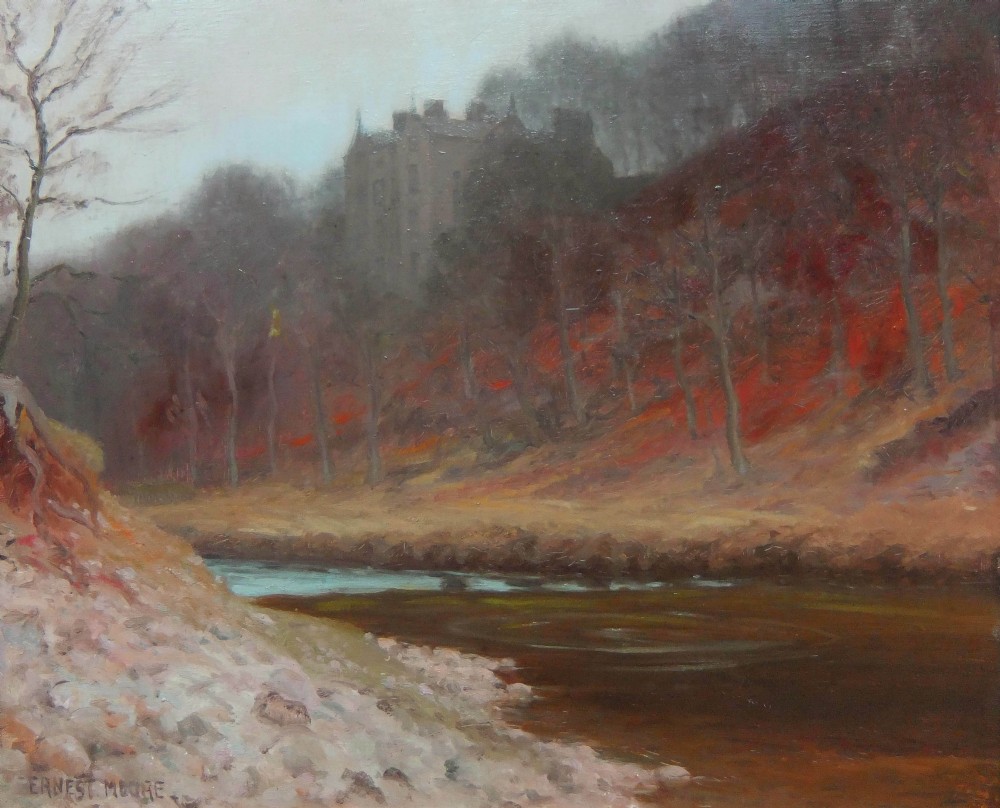 An atmospheric autumn landscape oil painting depicting a river in Wharfedale with misty woodlands and a hillside building in the background, signed Ernest Moore.