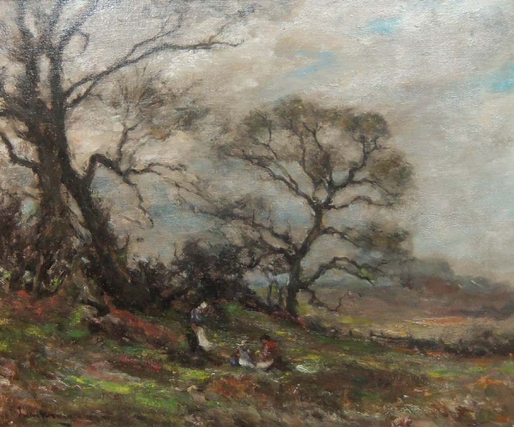 An impressionist landscape oil painting featuring bare winter trees, figures gathering primroses on a grassy slope, and an overcast sky.