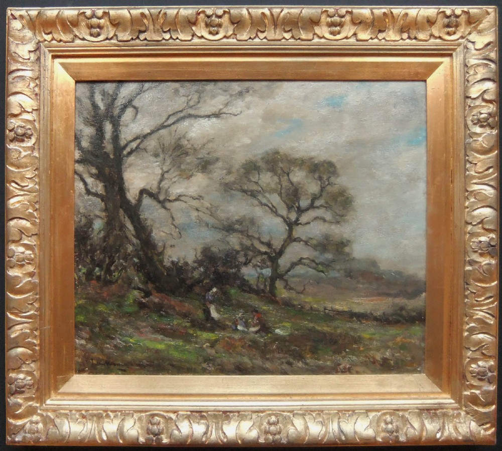 An impressionist landscape oil painting featuring bare winter trees, figures gathering primroses on a grassy slope, and an overcast sky. View III