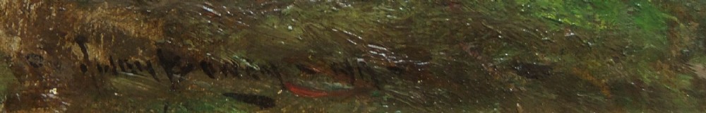An impressionist landscape oil painting featuring bare winter trees, figures gathering primroses on a grassy slope, and an overcast sky. View IV