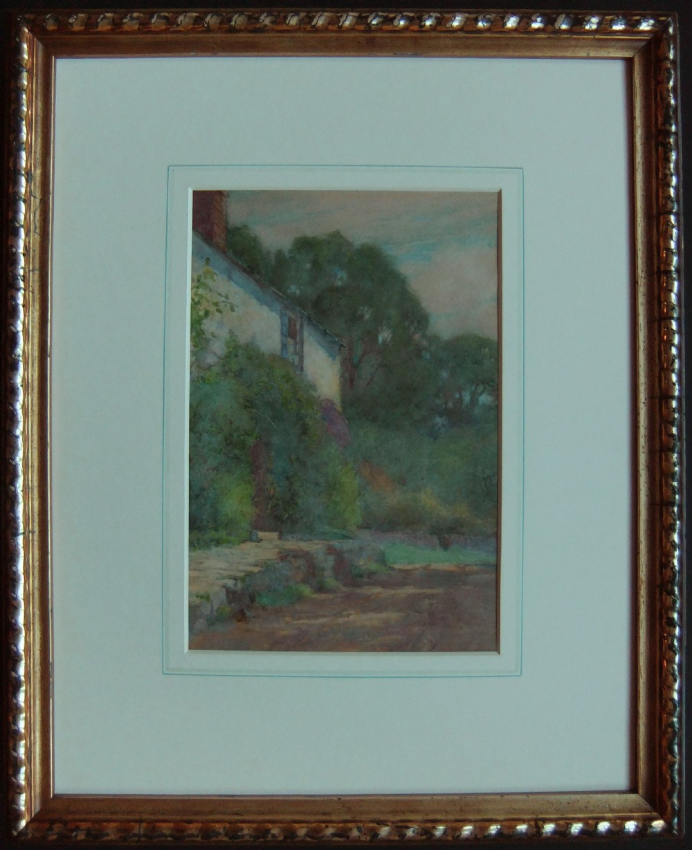An original watercolour painting depicting a stone house nestled amongst lush green foliage under a muted sky. View II