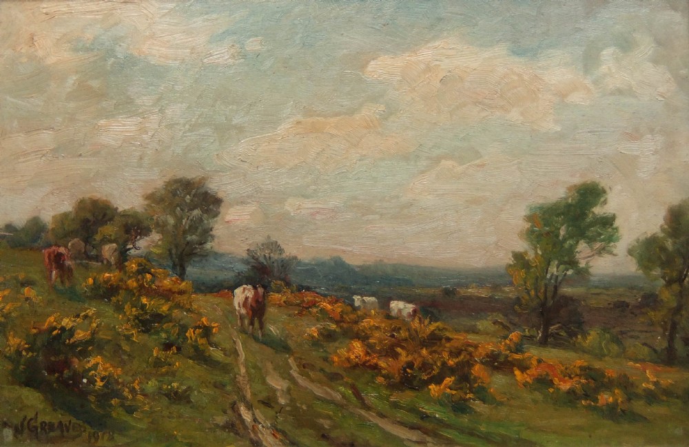 An Edwardian oil landscape painting depicting cattle grazing along a gorse-lined track under a cloud-filled sky.