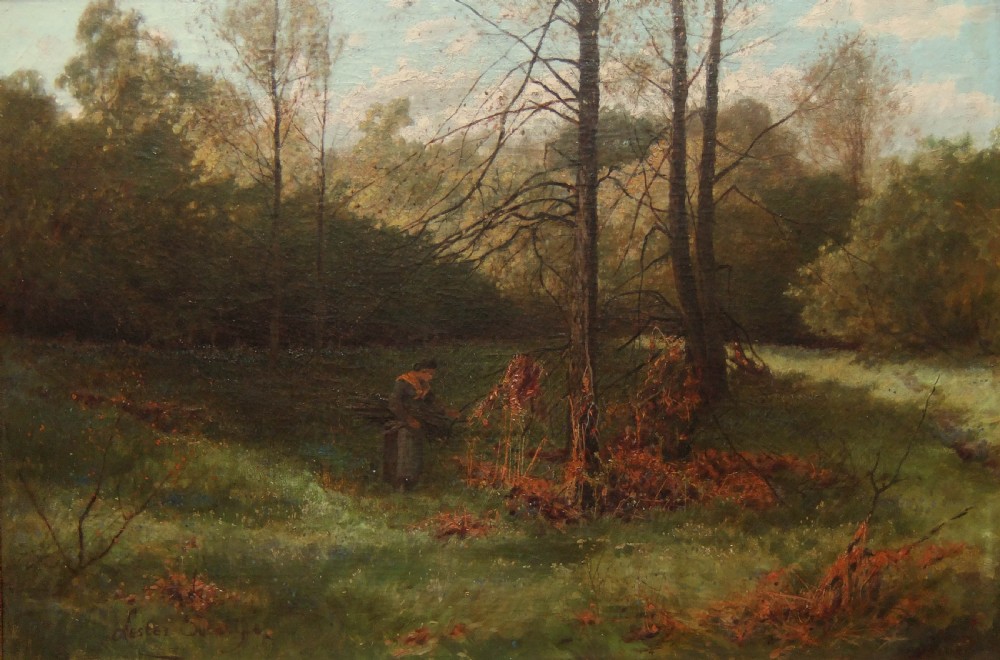 An antique oil painting depicting a figure gathering wood in a dappled woodland clearing in Meanwood Valley, Yorkshire.