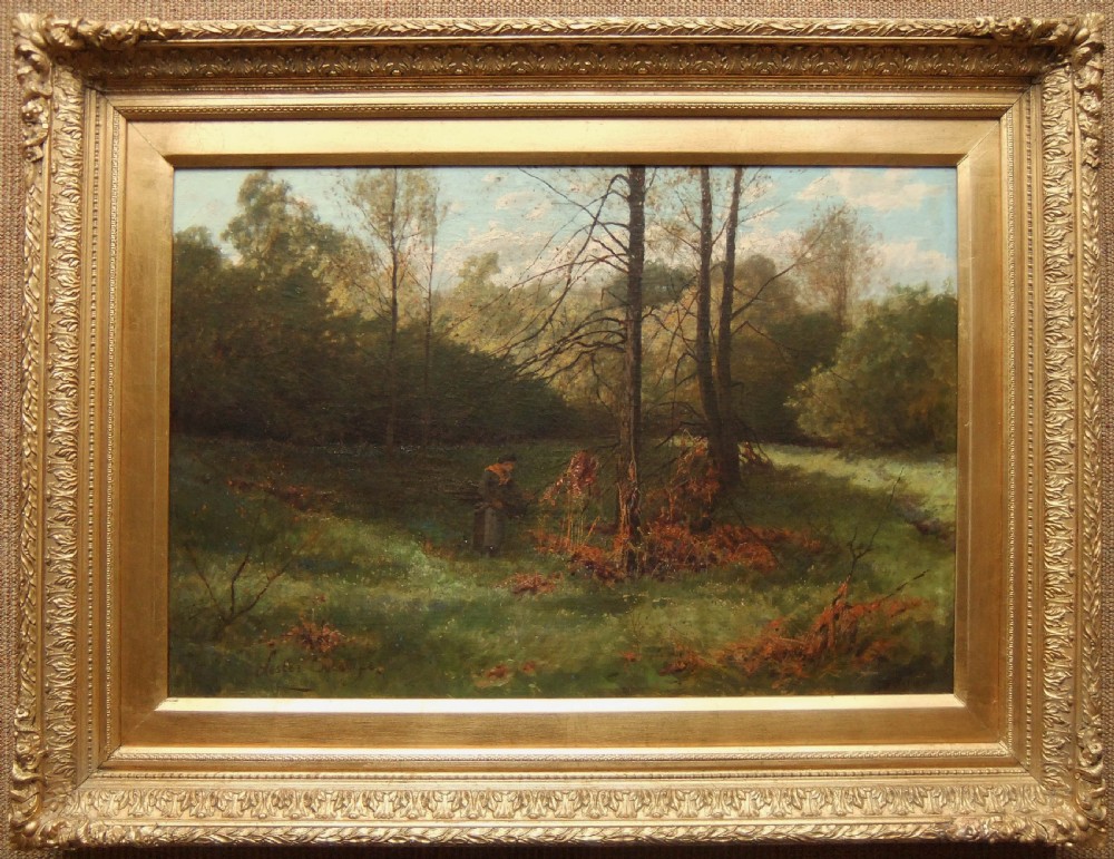 An antique oil painting depicting a figure gathering wood in a dappled woodland clearing in Meanwood Valley, Yorkshire. View II
