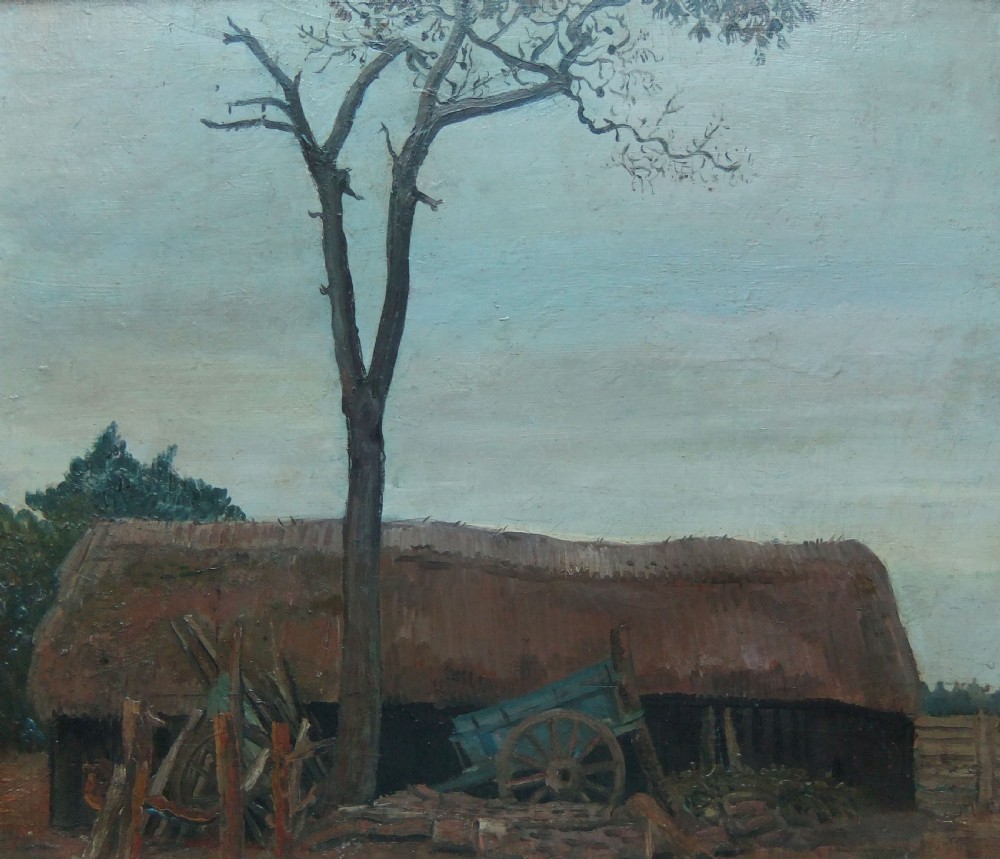 An oil painting depicting a thatched barn behind a bare tree with a blue wooden cart leaning against the building under a grey sky.