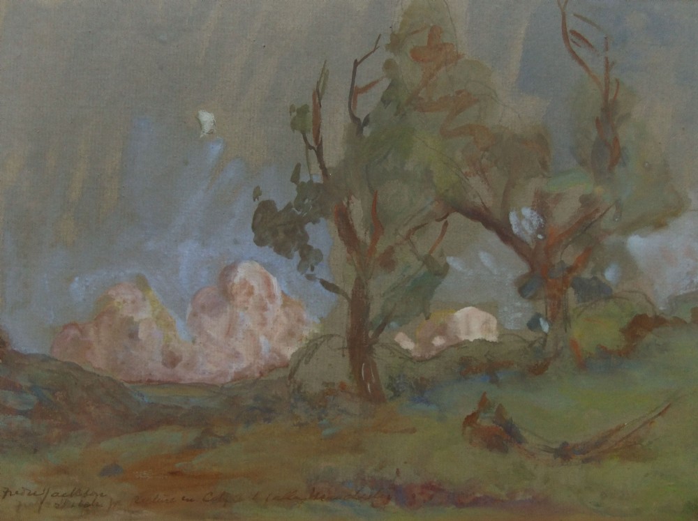 A watercolour landscape depicting trees silhouetted against a muted, cloudy evening sky in shades of grey, green, and ochre.