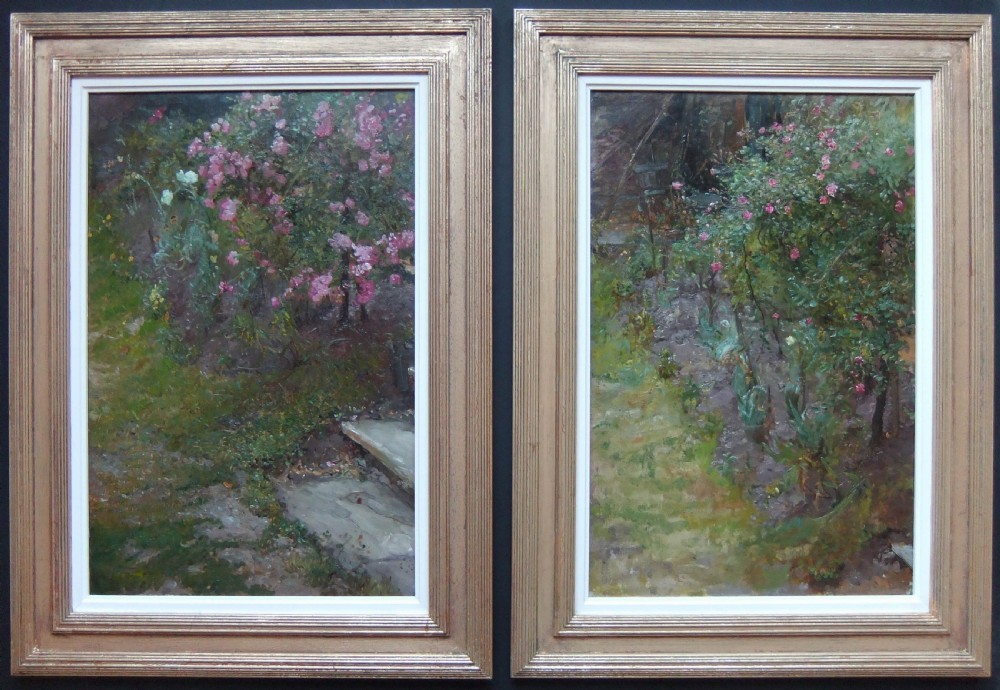 A pair of vertical oil paintings depicting garden scenes with pink flowering bushes, presented in matching silvered gilt stepped frames.