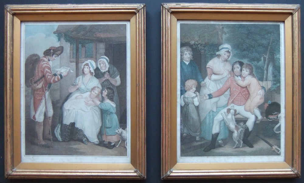 A pair of framed antique narrative prints depicting Georgian military scenes within matching reeded gilt wood frames.
