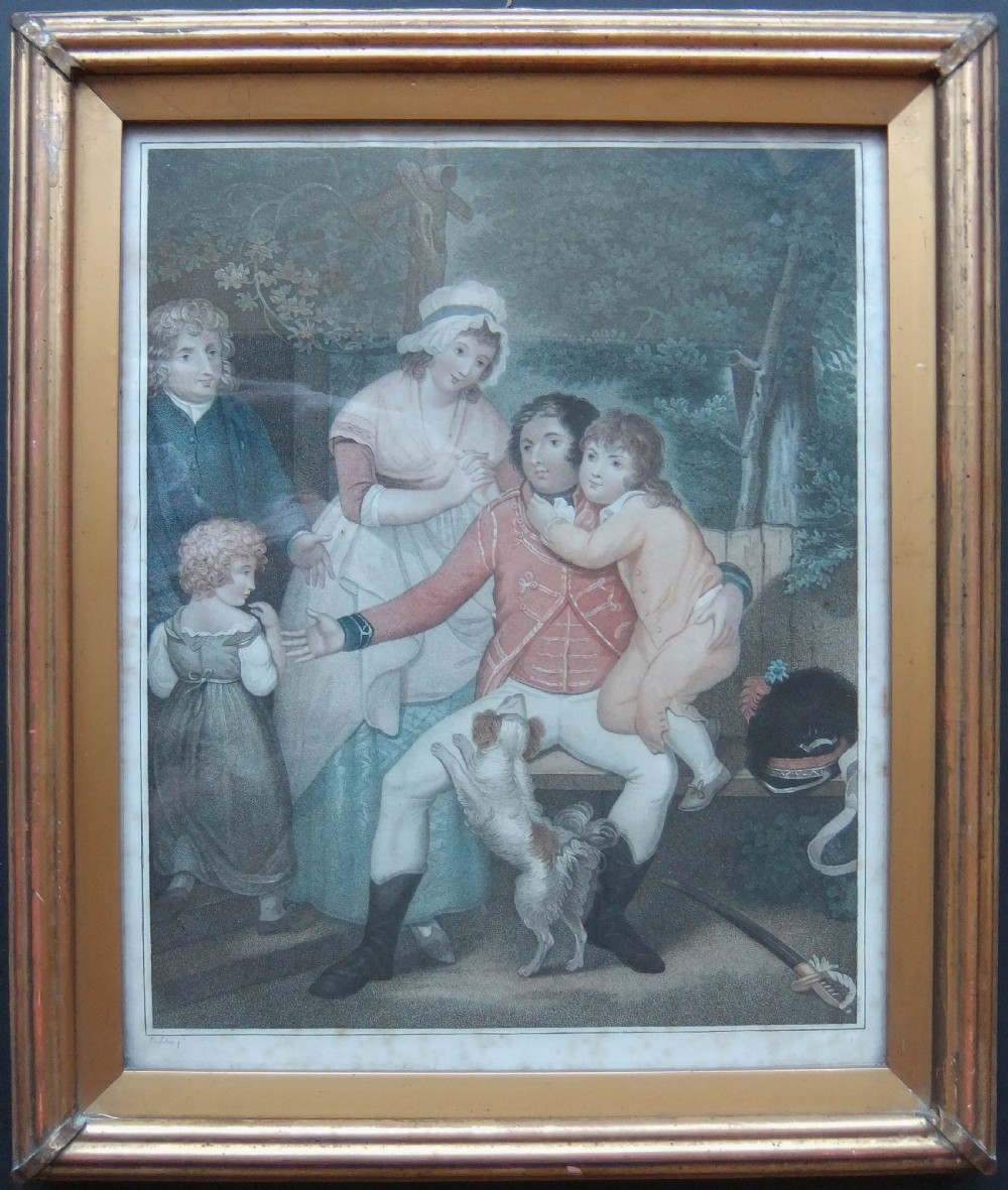 A pair of framed antique narrative prints depicting Georgian military scenes within matching reeded gilt wood frames. View II