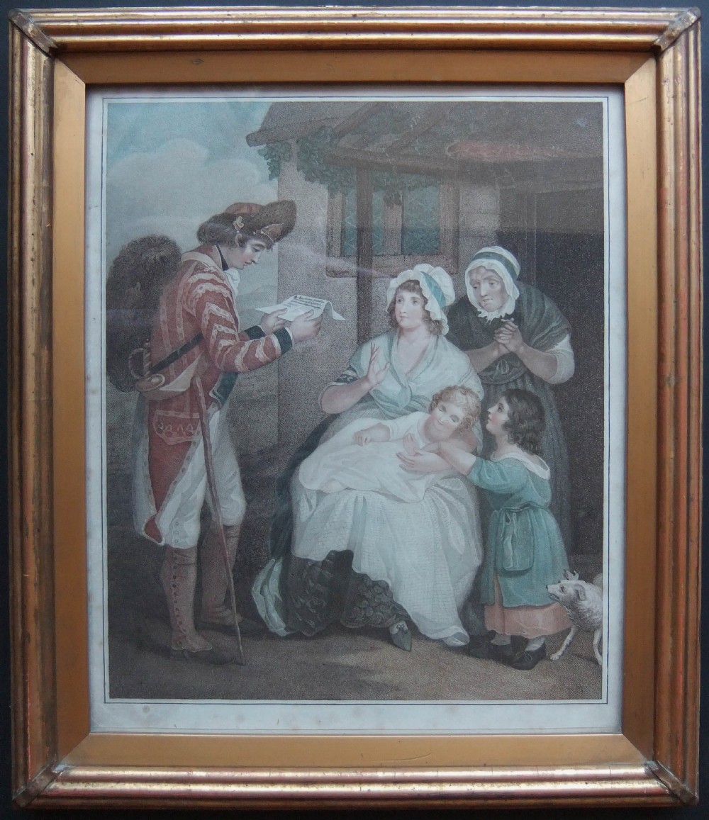 A pair of framed antique narrative prints depicting Georgian military scenes within matching reeded gilt wood frames. View III