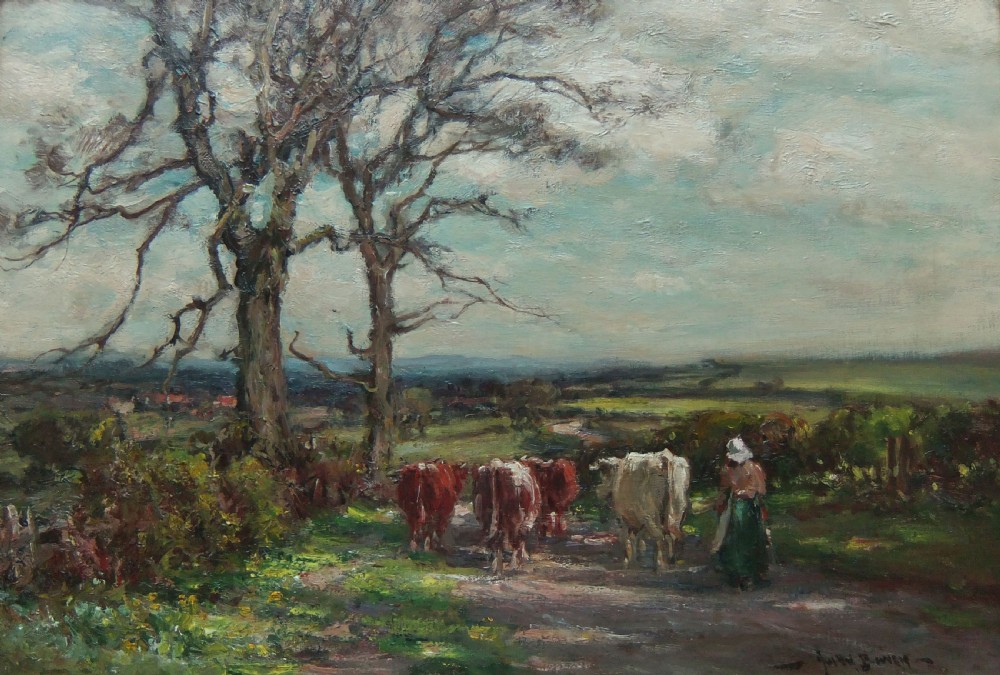 An impressionistic oil painting depicting a figure driving a small herd of cattle along a dirt lane beside tall bare trees under a cloudy sky.