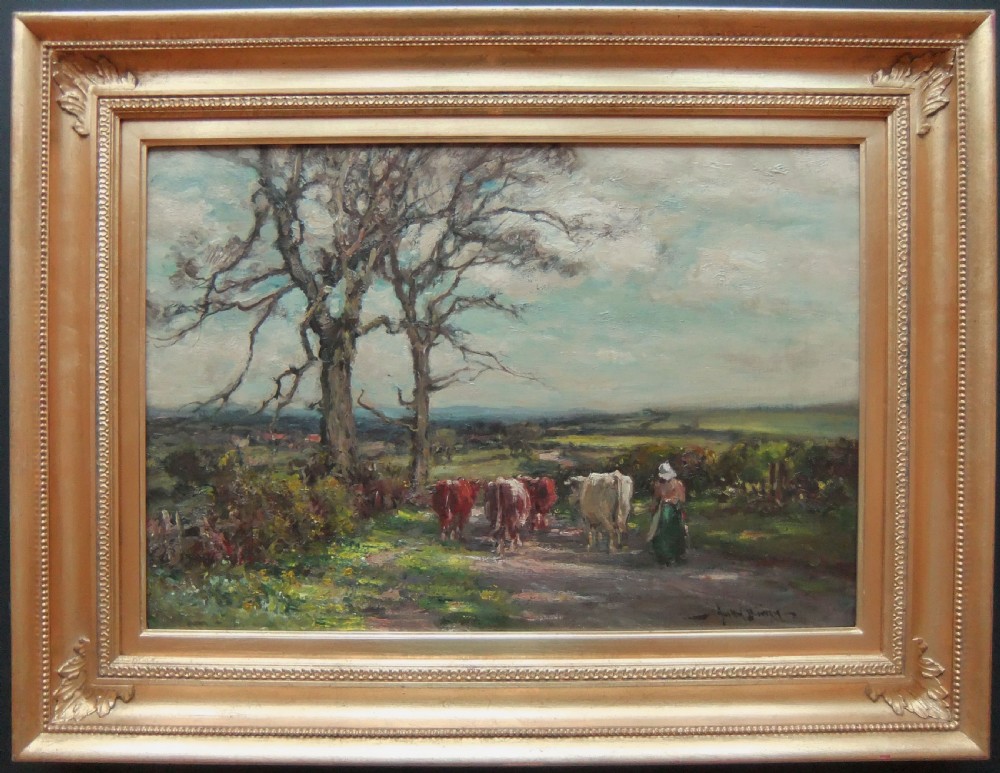 An impressionistic oil painting depicting a figure driving a small herd of cattle along a dirt lane beside tall bare trees under a cloudy sky. View III