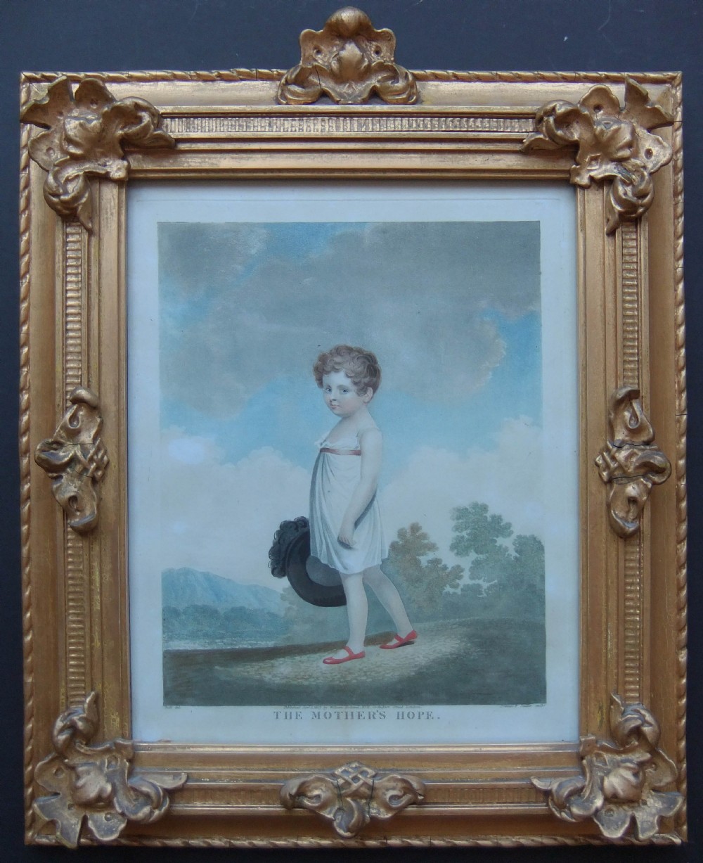 A pair of gilt-framed 1807 stipple engravings depicting young children in white garments set against landscape backgrounds. View II