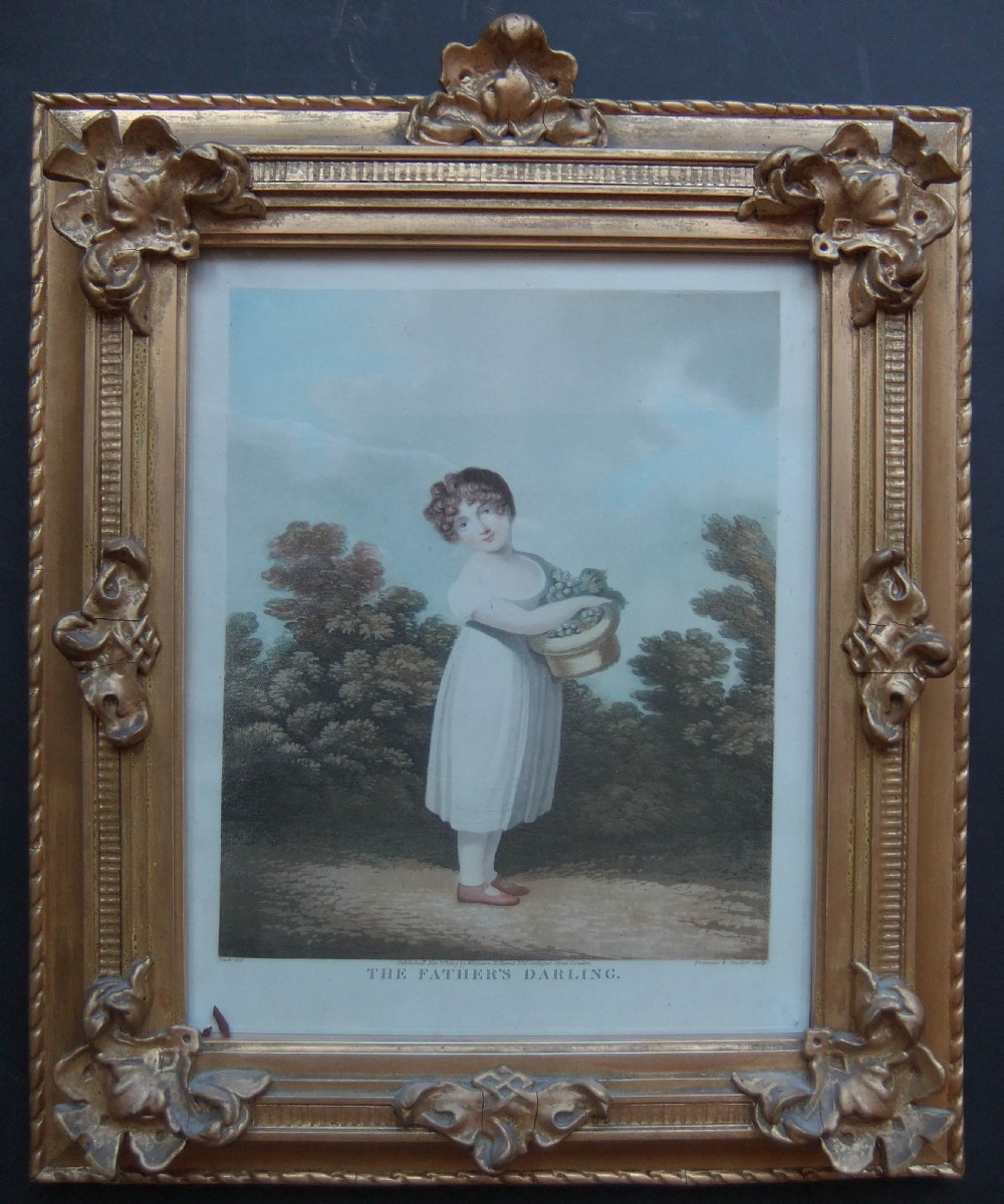 A pair of gilt-framed 1807 stipple engravings depicting young children in white garments set against landscape backgrounds. View III