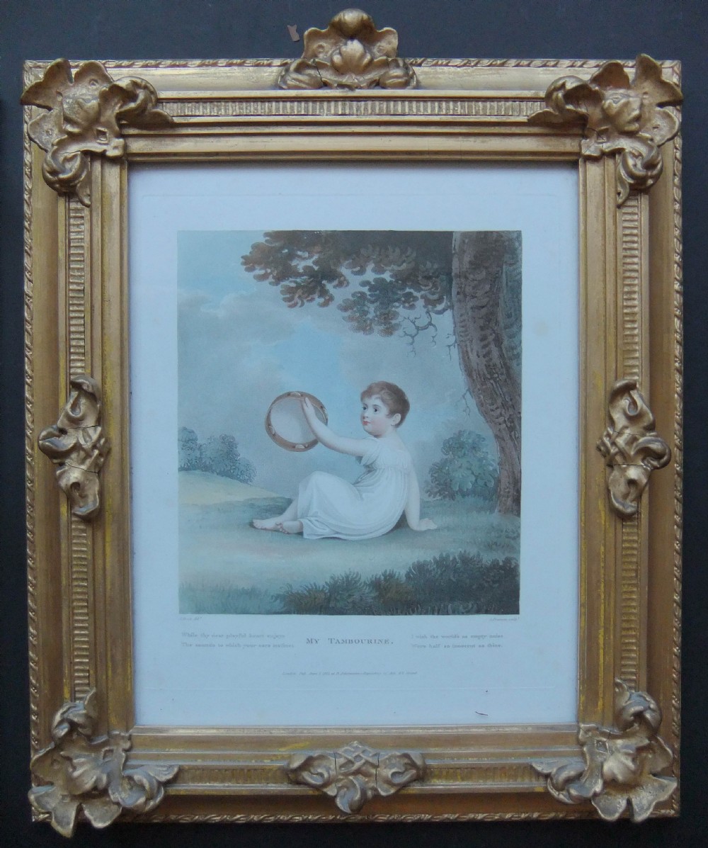 A pair of Regency coloured engravings depicting young children in white dresses, presented in matching ornate giltwood frames. View III