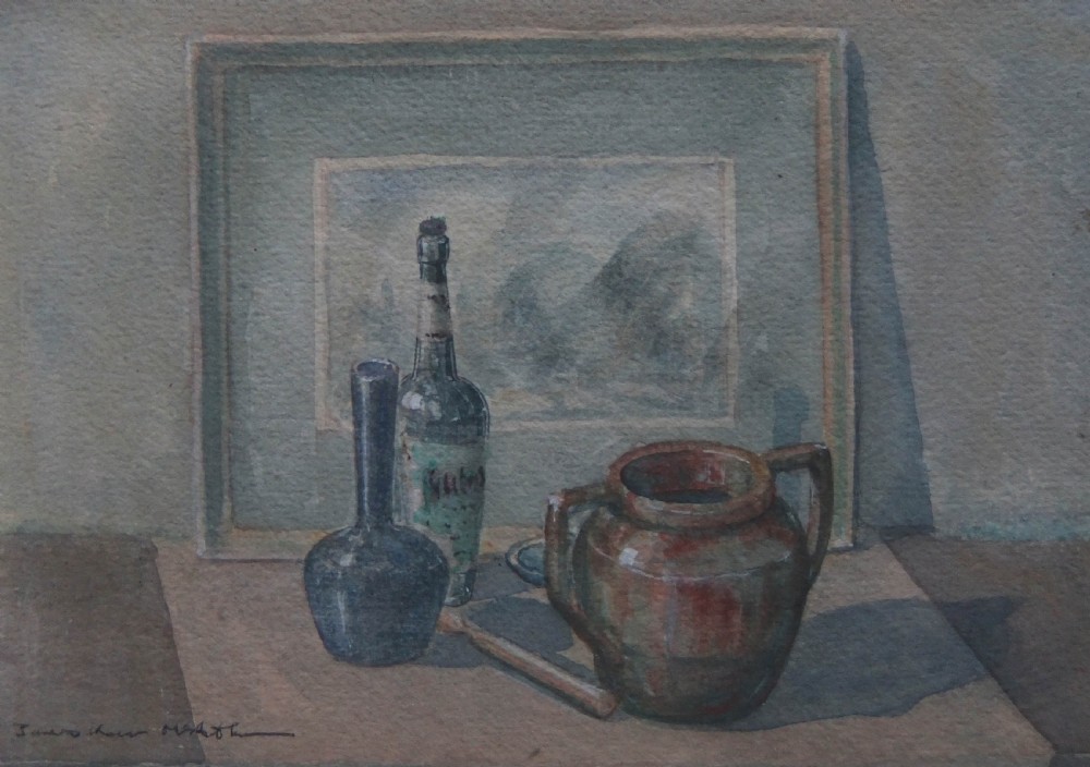 A modern British watercolour still life painting featuring glass bottles, a ceramic jar, and a framed picture on a surface.