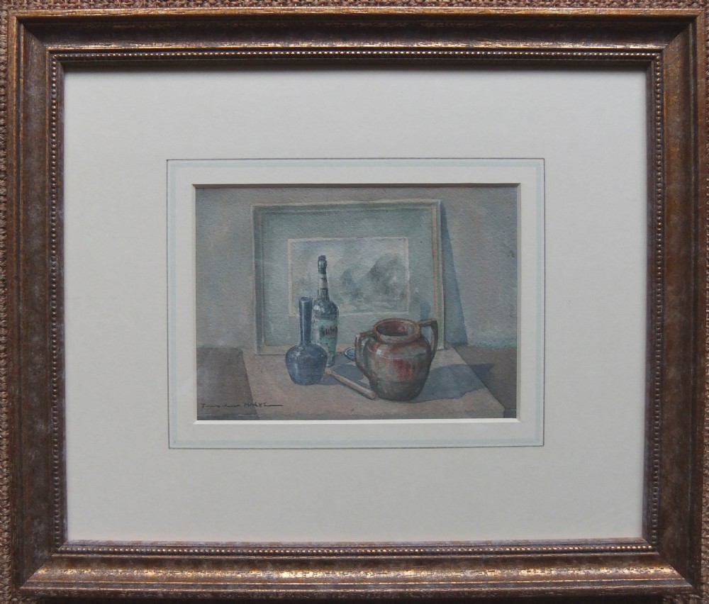 A modern British watercolour still life painting featuring glass bottles, a ceramic jar, and a framed picture on a surface. View II