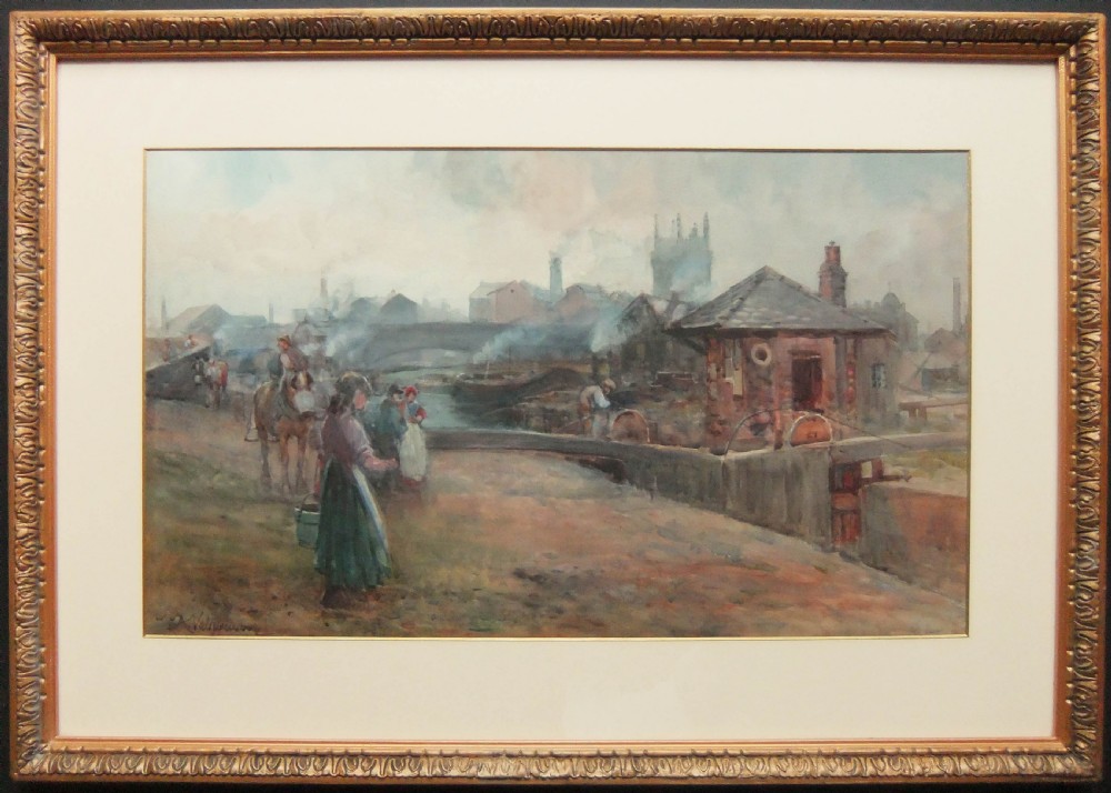 An antique watercolour painting by Arthur Netherwood depicting figures and working horses at Aspley Dock in Huddersfield with industrial buildings and smoking chimneys in the background. View II