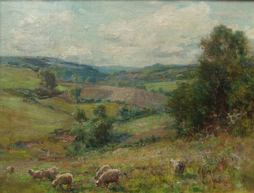 An oil painting depicting a rolling green Yorkshire valley landscape with grazing sheep under a cloudy sky.