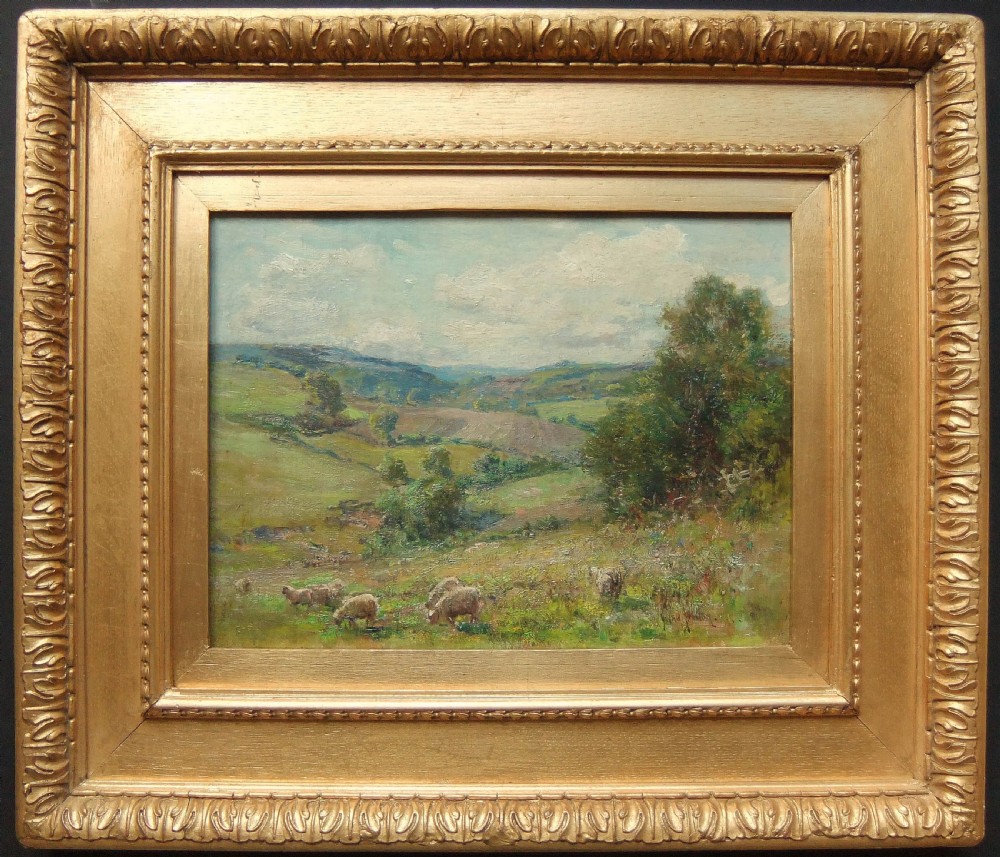 An oil painting depicting a rolling green Yorkshire valley landscape with grazing sheep under a cloudy sky. View II