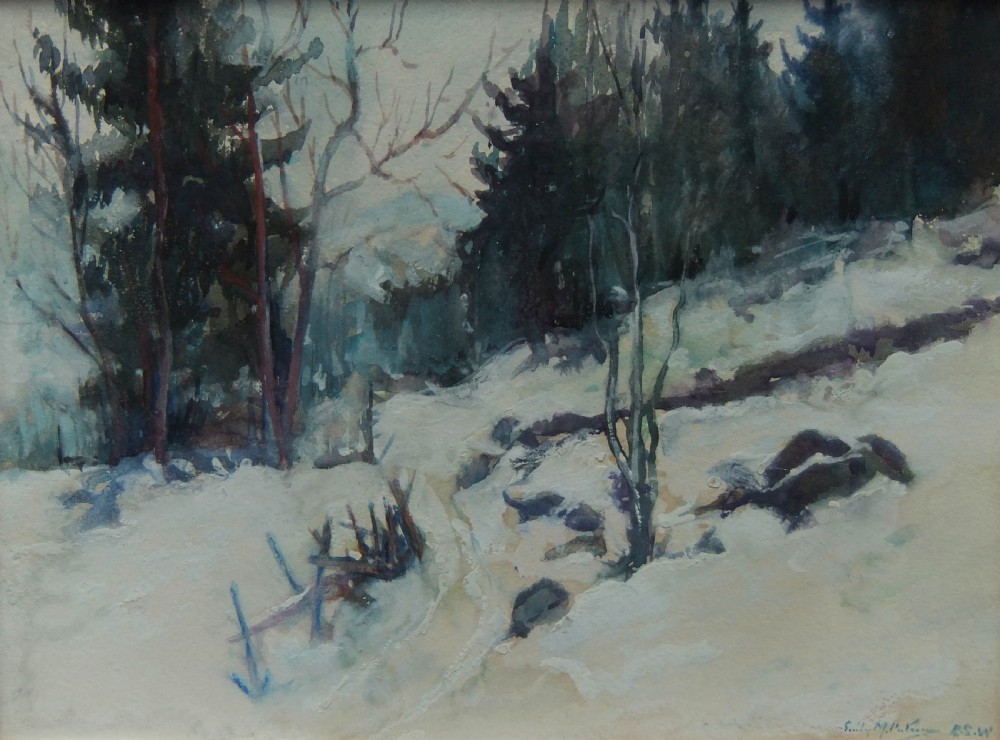 An impressionist watercolour painting depicting a snow-covered forest path surrounded by pine and bare trees under a winter sky.