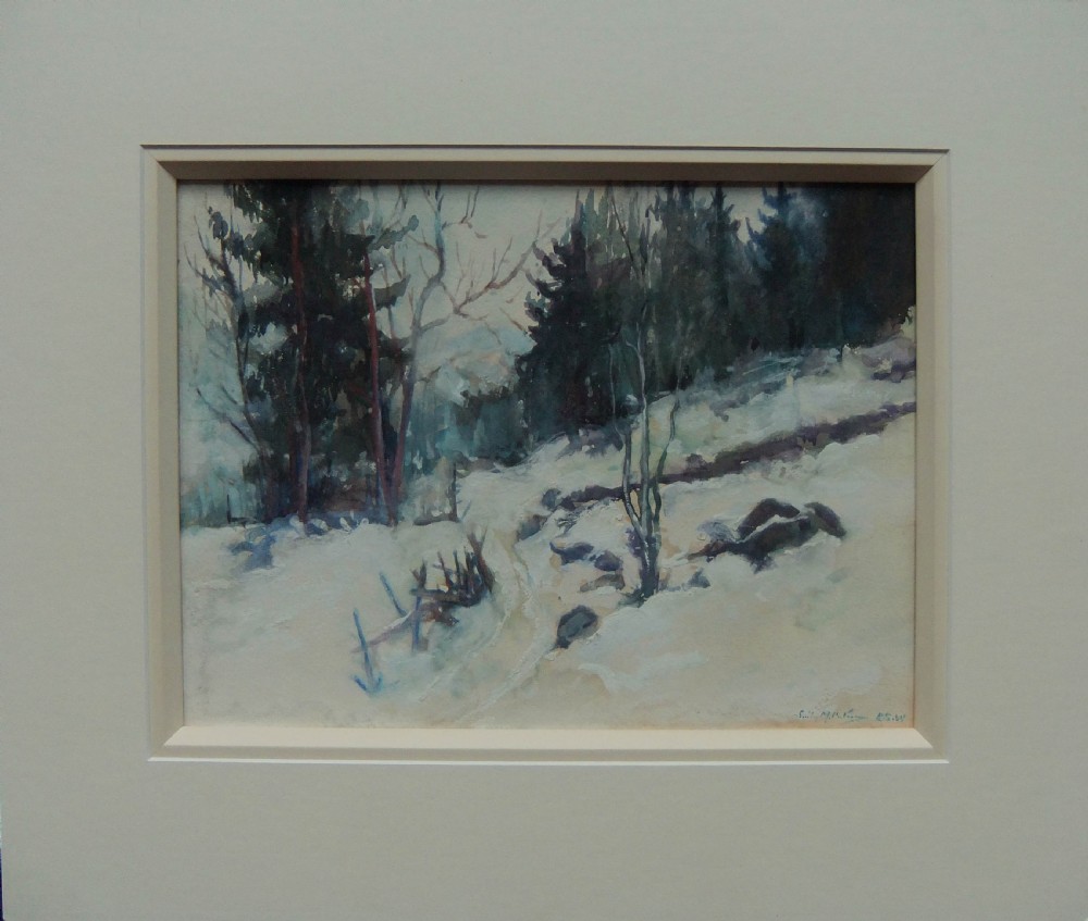An impressionist watercolour painting depicting a snow-covered forest path surrounded by pine and bare trees under a winter sky. View II