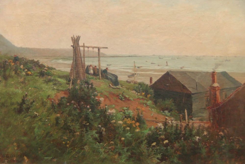 An antique impressionist oil painting depicting a coastal landscape in Filey with a wooden bothy, grassy headland, and distant ships on the sea.