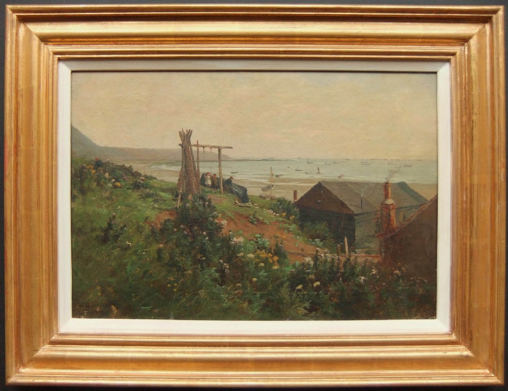 An antique impressionist oil painting depicting a coastal landscape in Filey with a wooden bothy, grassy headland, and distant ships on the sea. View II