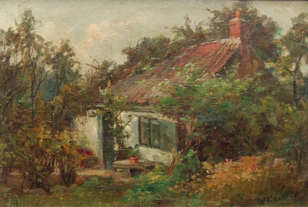 An impressionistic oil painting depicting an overgrown garden surrounding a white rural cottage with a red brick chimney.