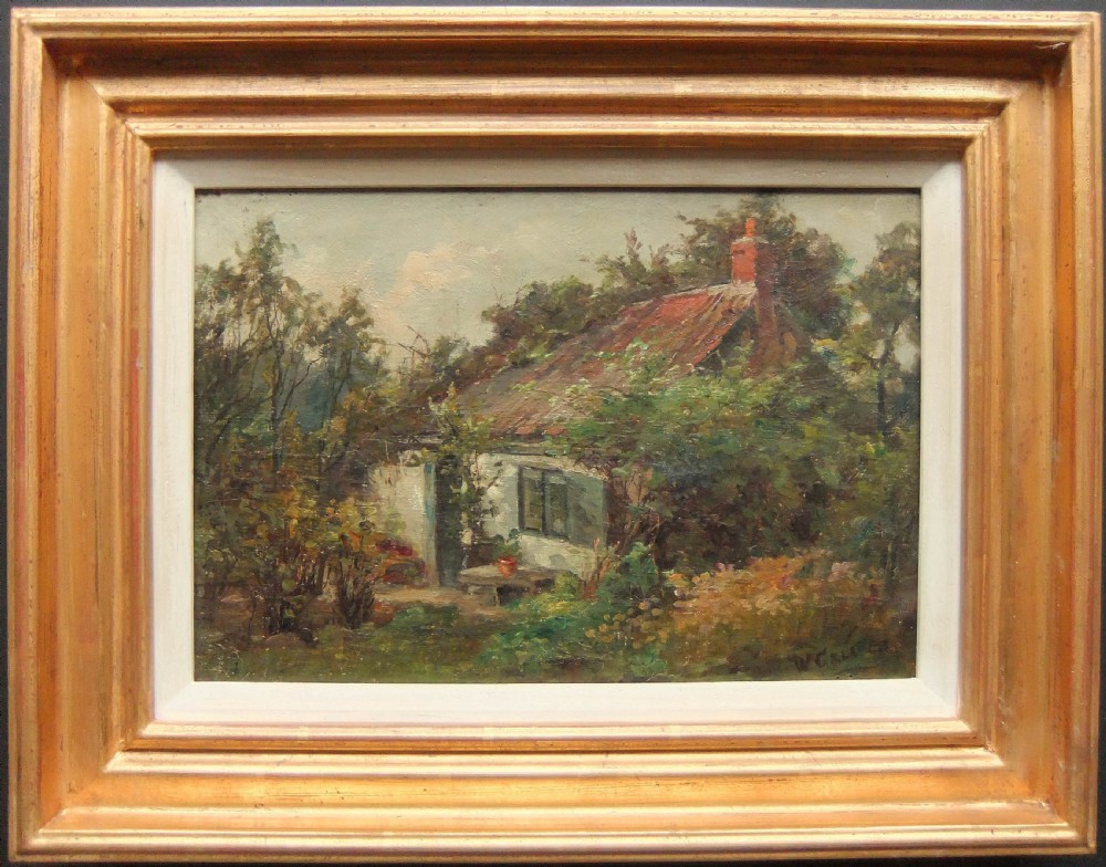 An impressionistic oil painting depicting an overgrown garden surrounding a white rural cottage with a red brick chimney. View II